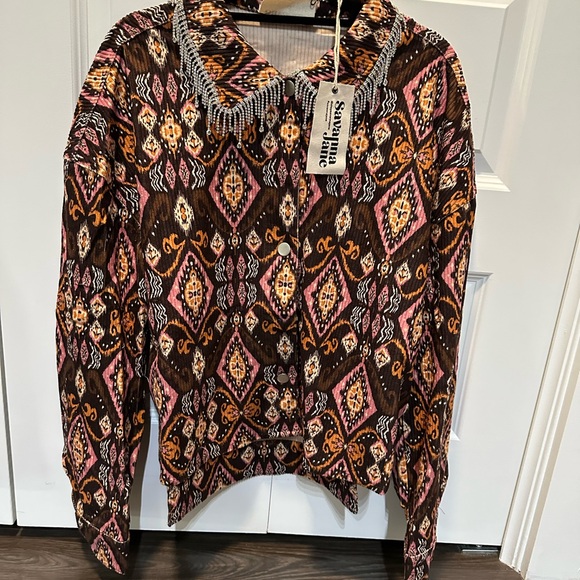 Savanna Jane Jackets & Blazers - Savanna Jane Brown and Pink Patterned Jean Jacket